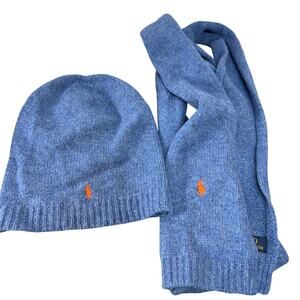 Polo Ralph Lauren Shetland Wool Winter  Hat & Scarf Set Blue Orange Pony